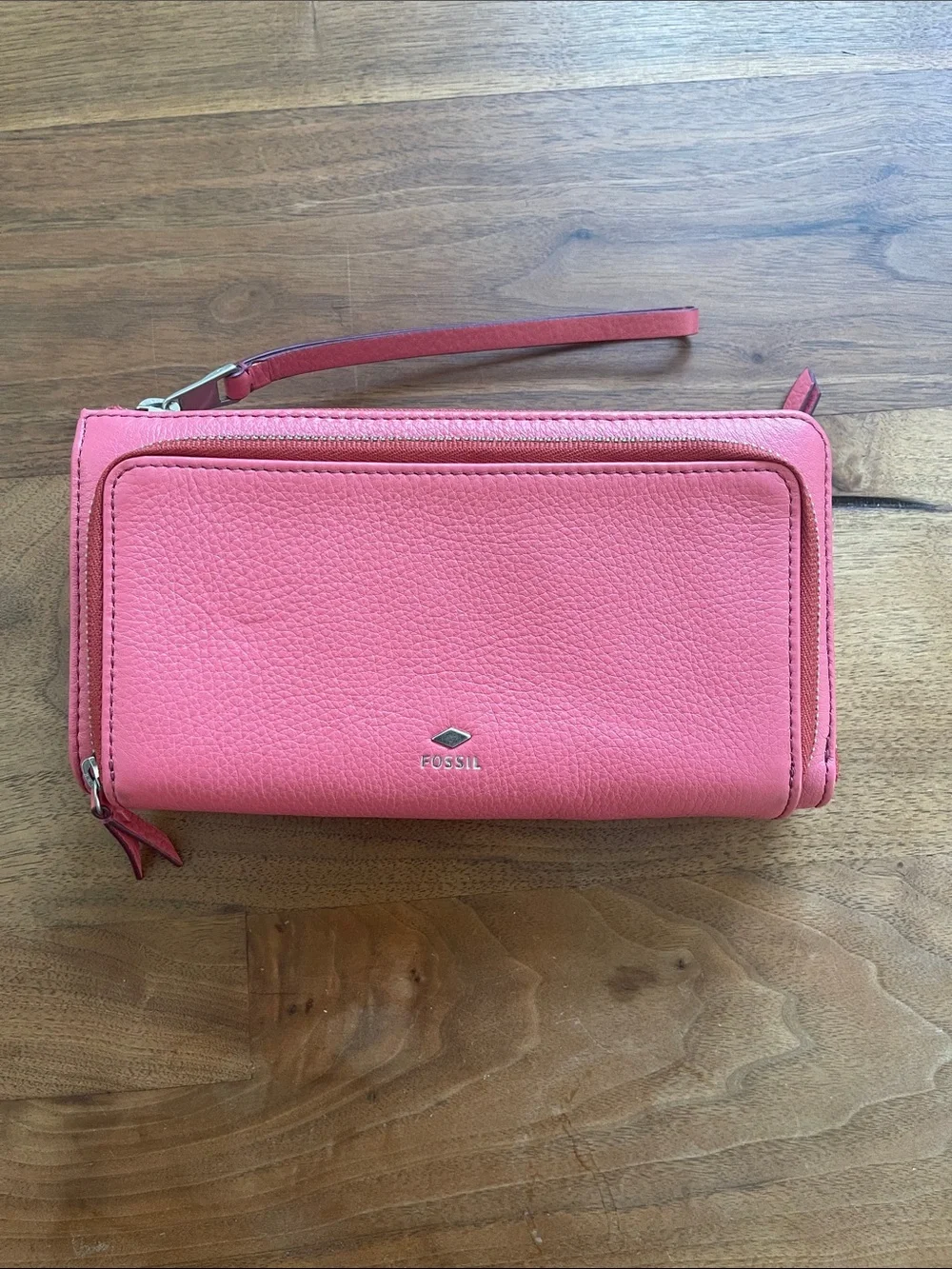 Fossil Coral Pink Leather Wristlet Wallet with Zip Pocket